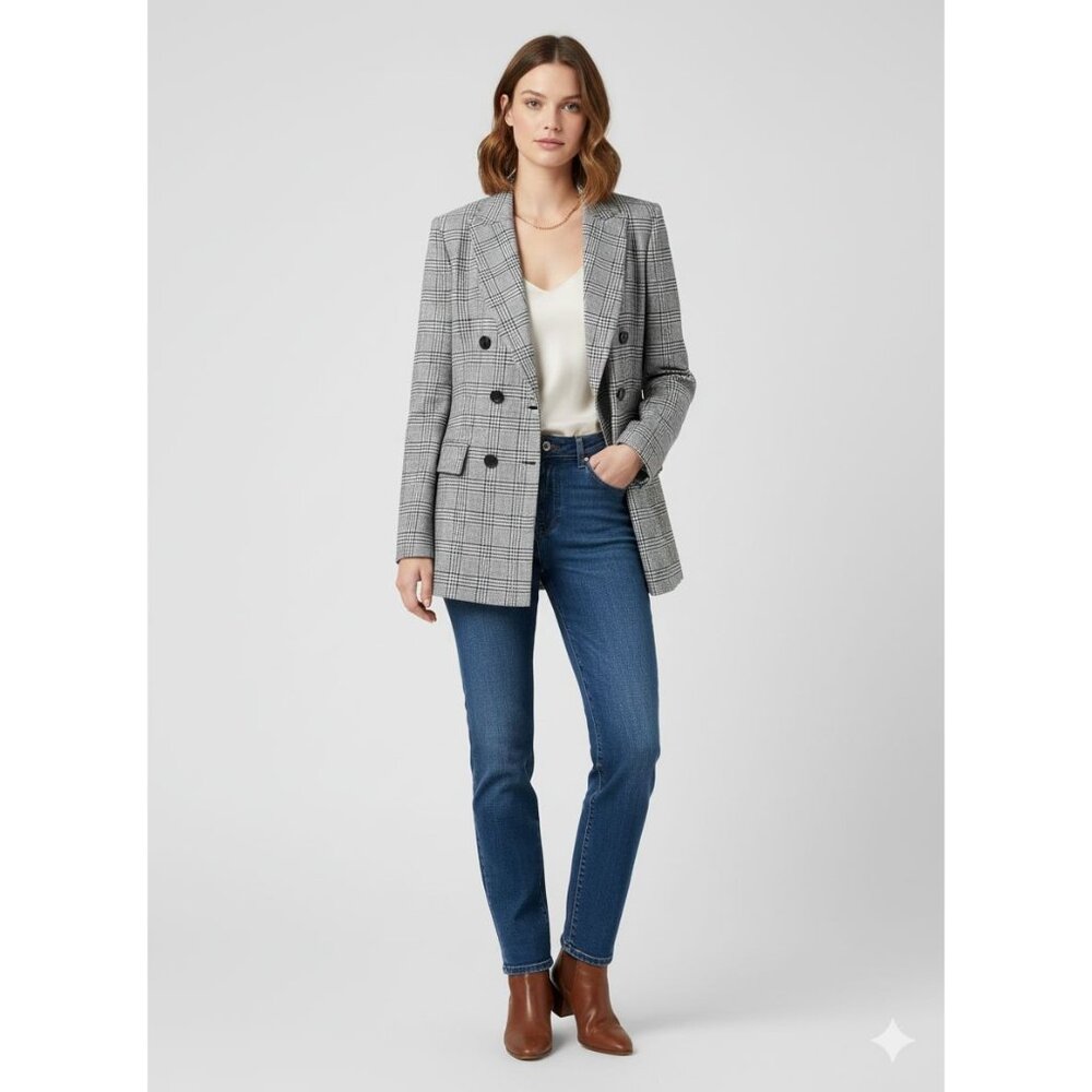 Laurél Double-Breasted Wool Blazer/Jacket - Size 34 (US 4) - Glen Plaid